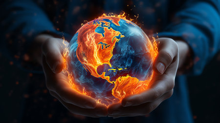 Generative AI : Hand of young man hold world globe with burn hot by drought environment and beautiful green abundance nature metaphor Climate change Elements of this image furnisheの素材