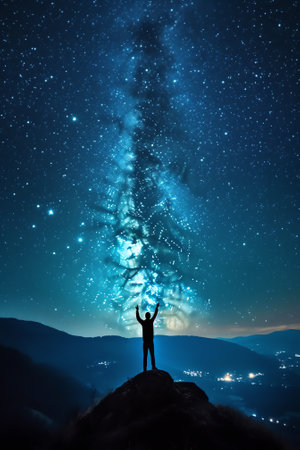 Generative AI : Man and the Universe A person is standing on the top of the hill next to the Milky Way galaxy with his hands raised to the airの素材