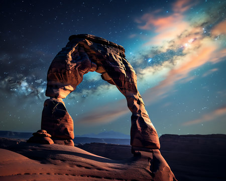 Generative AI : Milky Way arch Fantastic night landscape with bright arched milky way sky with stars yellow sunlight and hills Beautiful scene with universe Space background with sの素材