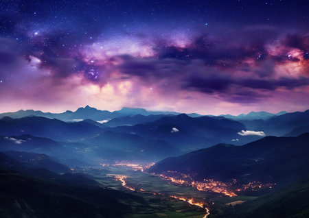 Generative AI : Milky Way and pink light at mountains Night colorful landscape Starry sky with hills at summer Beautiful Universe Space background with galaxy Travel backgroundの素材