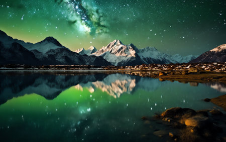 Generative AI : Milky Way over snowy mountains and lake at night Landscape with snow covered high rocks purple starry sky reflection in water in Nepal Sky with stars Bright milky wの素材