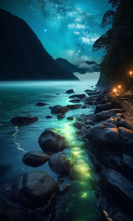 Generative AI : Milky Way over the beautiful mountain canyon and blue sea at night in summer Colorful landscape with bright starry sky with Milky Way rocks trees moonlight fog wateの素材