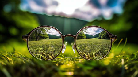 Generative AI : Looking for a Better Environmental World concept Round shape eyeglasses with Earth reflextion on green grass in blurred nature panoramic background Elements of thisの素材