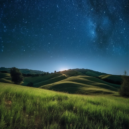 Generative AI : Night landscape with field on hills and Milky way skyの素材