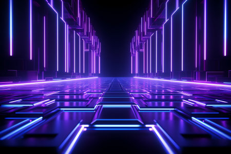 Generative AI : Modern futuristic neon abstract background Large object in the center space background Dark scene with neon light Reflection of light on a wet surfaceの素材