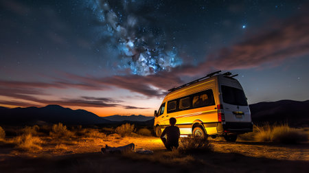 Generative AI : Panoramic night sky over Campo Imperatore highlands Abruzzo Italy The Milky Way galaxy arc and stars over illuminated camper van Camping freedom in unique hills lanの素材