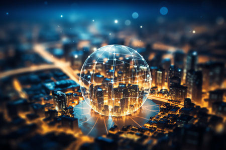 Generative AI : Planet Earth on the background of blurred lights of the city Concept on business politics ecology and media Earth day abstract background Elements of this image furの素材