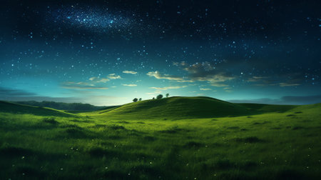 Generative AI : Night landscape with field on hills and Milky way skyの素材
