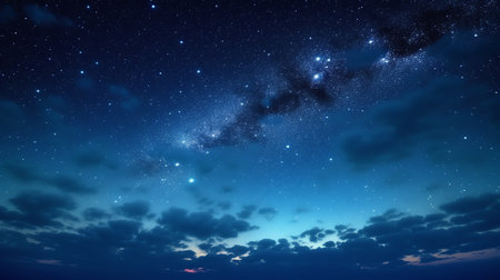 Generative AI : Panorama blue night sky milky way and star on dark backgroundUniverse filled with stars nebula and galaxy with noise and grainPhoto by long exposure and select whitの素材