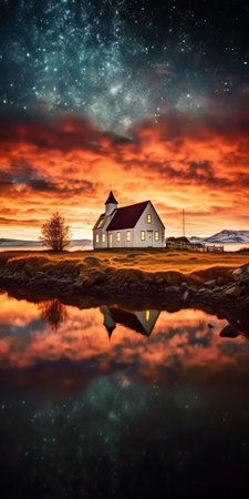 Generative AI : Picturesque landscape of krossanesfjall mountain ridge under colorful bright sky with milky way reflecting in pond at night in icelandの素材