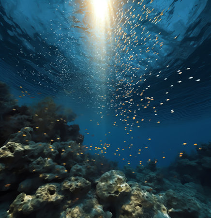 Generative AI : Rays of light over the reef Underwater photo from a scuba dive in Tropical waters Interior design for youの素材
