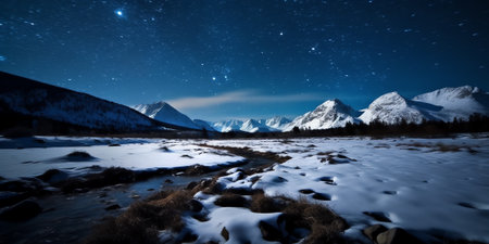 Generative AI : Picturesque view of urbasa range covered with snow under majestic starry sky during winter trip through spainの素材