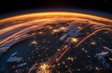 Generative AI : Planet Earth with a spectacular sunset Long Exposure Night Time Rocket Launch Elements of this image furnished by NASAの素材