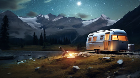 Generative AI : Panoramic night sky over Campo Imperatore highlands Abruzzo Italy The Milky Way galaxy arc and stars over illuminated camper van Camping freedom in unique hills lanの素材