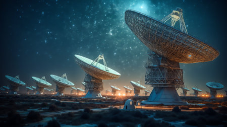 Generative AI : Radio telescopes and the Milky Way at night Milky way panorama Milky way over radio telescopesの素材