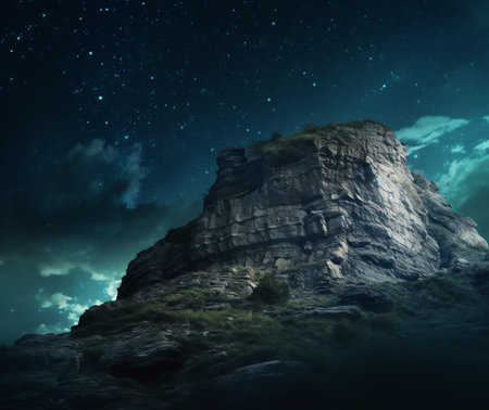 Generative AI : Spectacular landscape of rocks in highlands on background of sky with stars at nightの素材