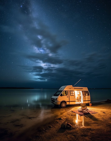 Generative AI : Panoramic night sky over Campo Imperatore highlands Abruzzo Italy The Milky Way galaxy arc and stars over illuminated camper van Camping freedom in unique hills lanの素材