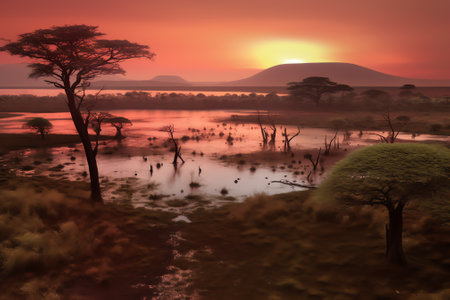 Generative AI : Sunset at the Irabia dam enjoying the Irati beech forest jungleの素材