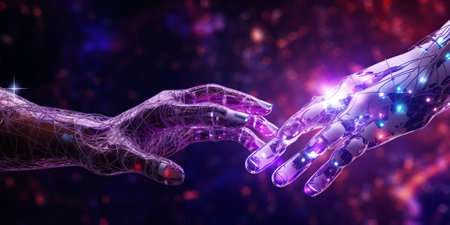 Generative AI : Spiral galaxy light and hand of astronaut and robot Space energy control concept Civilization type 3 controls the energy of the entire galaxy Elements of this imageの素材