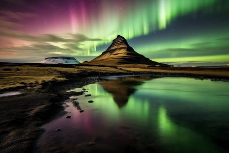 Generative AI : Picturesque landscape of krossanesfjall mountain ridge under colorful bright sky with milky way reflecting in pond at night in icelandの素材