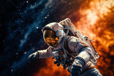 Generative AI : Picture of astronaut spacewalking with glowing stars and asteroids Deep space image science fiction fantasy in high resolution ideal for wallpaper and print Elementの素材