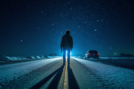 Generative AI : Picturesque view of distant person standing on urbasa range covered with snow under majestic starry sky during winter trip through spainの素材