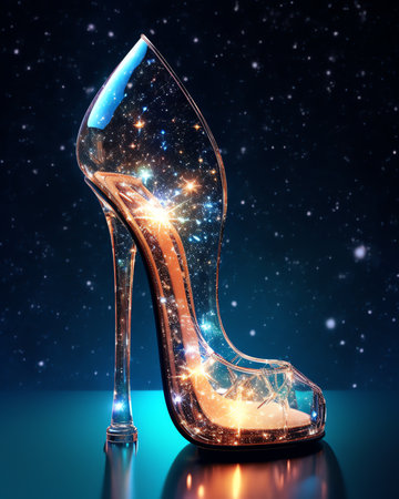 Generative AI : High heels galaxy reflection with silver curtains in a black backgroundの素材