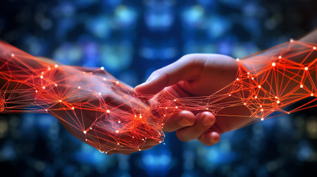 Generative AI : Hand leading global network connection and data exchange with Abstract Background Communication technology for internet business and social network Concept Elementsの素材