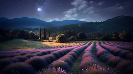 Generative AI : Stunning night landscape with Milky Way Galaxy above a beautiful blooming lavender field Bulgariaの素材