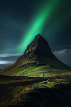 Generative AI : Low angle of arched rocky formation near green plants under starry night sky in icelandの素材