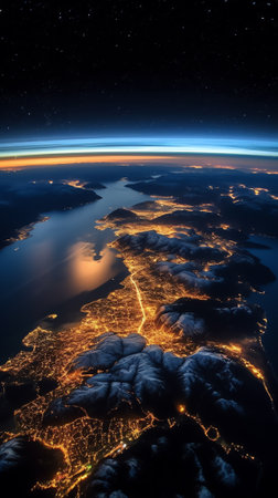Generative AI : Night view of Nordic Europe on Earth close up photo of world from space Norwegian and Barents Sea Norway Finland Sweden Moscow horizon selective focus Elements of tの素材
