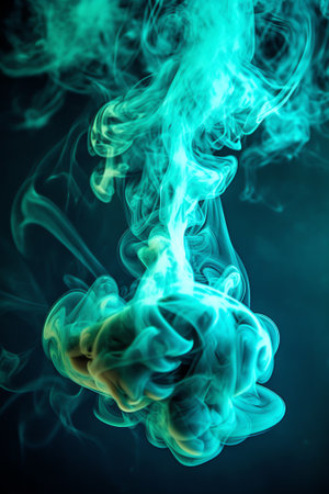 Generative AI : Greenblue smoke in neon light on black backgroundの素材