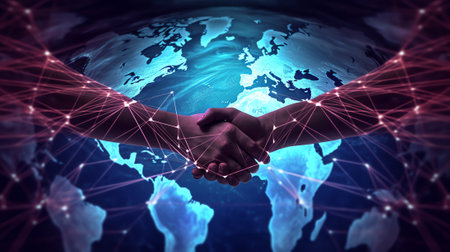 Generative AI : Hand leading global network connection and data exchange with Abstract Background Communication technology for internet business and social network Concept Elementsの素材