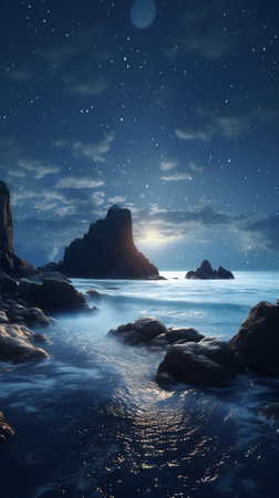 Generative AI : Milky Way over the beautiful mountain canyon and blue sea at night in summer Colorful landscape with bright starry sky with Milky Way rocks trees moonlight fog wateの素材