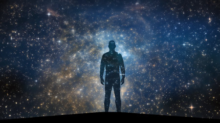 Generative AI : Man silhouette on a night sky background with bright stars trails Man watching the stars Science education and religion team concept background Elements of this imaの素材