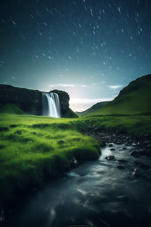 Generative AI : Low angle of arched rocky formation near green plants under starry night sky in icelandの素材
