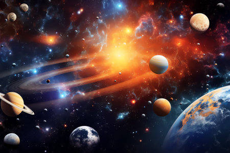 Generative AI : Sun planets of the solar system and planet Earth galaxies stars comet asteroid meteorite nebula Space panorama of the universe Elements of this image furnished by Nの素材