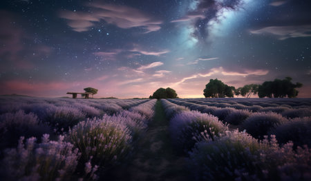 Generative AI : Stunning night landscape with Milky Way Galaxy above a beautiful blooming lavender field Bulgariaの素材