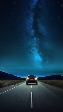 Generative AI : Night sky with milky way and stars Night road illuminated by car Light trailsの素材