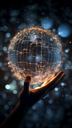 Generative AI : Hand holding Global world telecommunication network connected around planet Earth internet worldwide communication technology finance with blockchain and IoTElementの素材