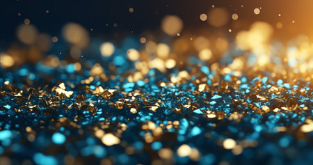 Generative AI : Shiny Dust Particles Galaxy in Blue Fluid Gold glittering particles floating in a blue liquid Abstract magic sparkling backgroundの素材