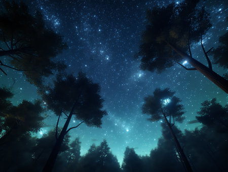 Generative AI : Stars at night with backlit treesの素材