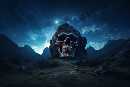 Generative AI : Spectacular landscape of rocks in highlands on background of sky with stars at nightの素材