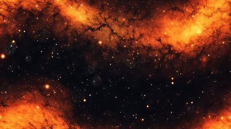 Generative AI : Sunset sky with orange setting sun and red clouds landscape against bright star on black universe background Wide panorama view of stars in space nature at dark timの素材