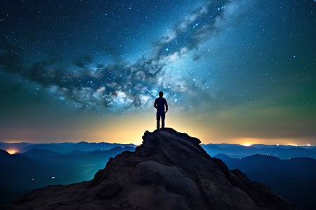 Generative AI : Man on top of a mountain observing the universeの素材