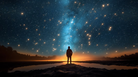 Generative AI : Man silhouette on a night sky background with bright stars trails Man watching the stars Science education and religion team concept background Elements of this imaの素材