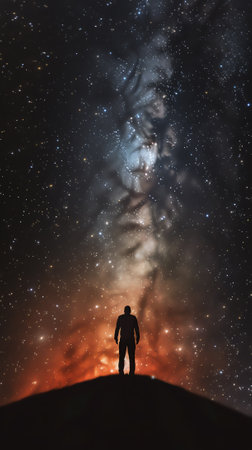 Generative AI : Low angle of silhouette of anonymous tourist standing with light torch on head on cliff against glowing starry sky at nightの素材