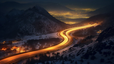 Generative AI : Milky Way over snowy mountains and blurred car headlights on the winding road at night in winter Beautiful landscape with starry sky snow covered rocks house roadwaの素材