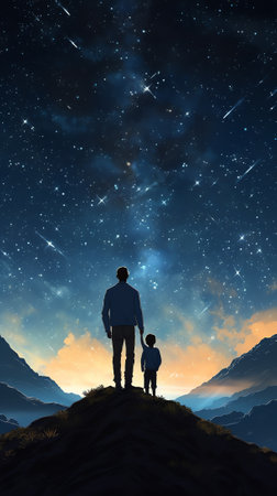 Generative AI : Milky Way with silhouette of a family Father and a son who pointing finger in night starry sky on the mountain Night landscape Beautiful Universe Space Travel backgの素材