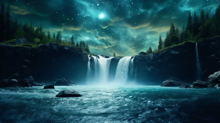 Generative AI : Orchon waterfall at night with starry sky and Milky Way Uvurkhangai Province Mongolia Asiaの素材